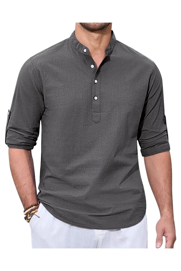 Men's Cotton Linen Henley Shirts Long Sleeve Casual Button Down Shirt Roll-up