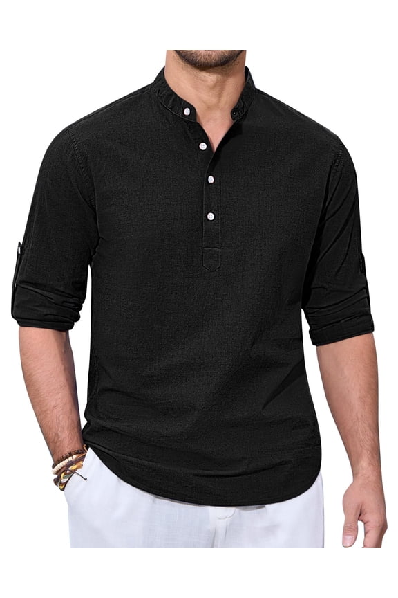 Men's Cotton Linen Henley Shirts Long Sleeve Casual Button Down Shirt Roll-up
