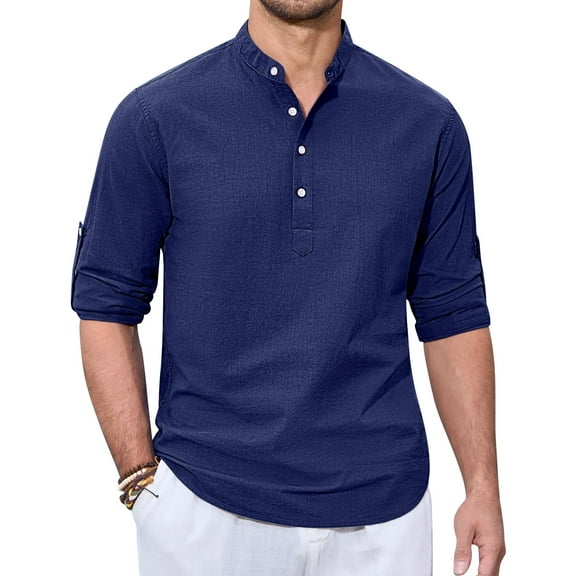 sogami Men's Cotton Linen Henley Shirts Long Sleeve Casual Button Down Shirt Roll-up