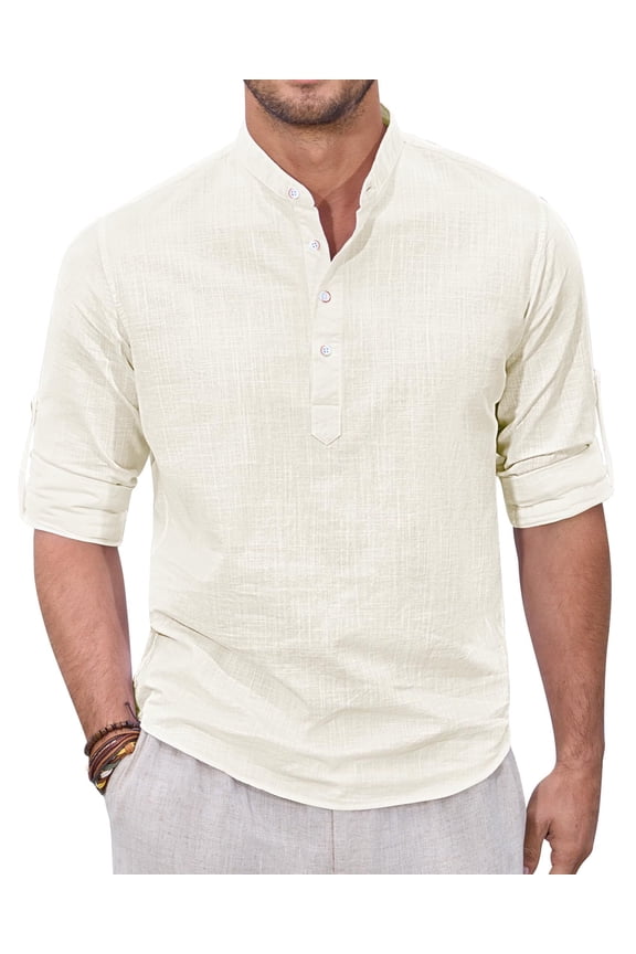 Men's Cotton Linen Henley Shirts Long Sleeve Casual Button Down Shirt Roll-up