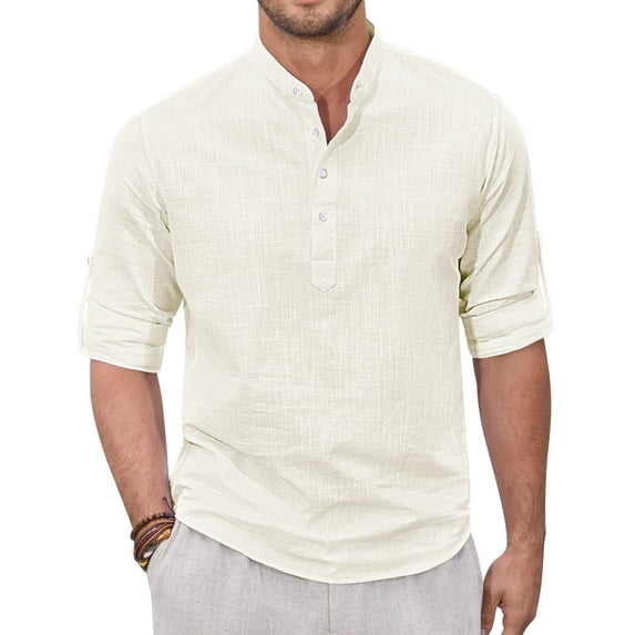 sogami Men's Cotton Linen Henley Shirts Long Sleeve Casual Button Down Shirt Roll-up