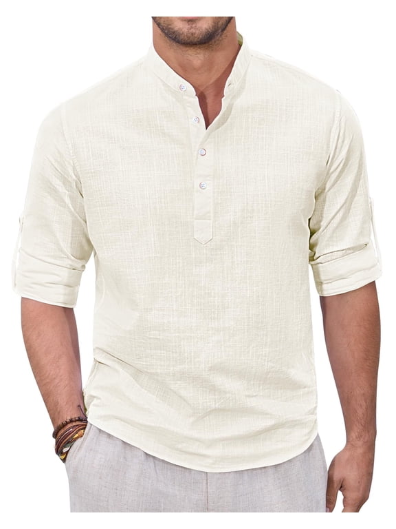 Men's Cotton Linen Henley Shirts Long Sleeve Casual Button Down Shirt Roll-up
