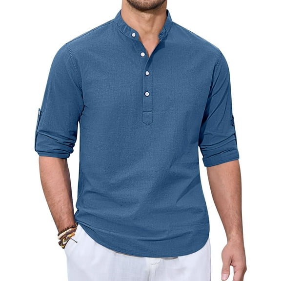 sogami Men's Cotton Linen Henley Shirts Long Sleeve Casual Button Down Shirt Roll-up