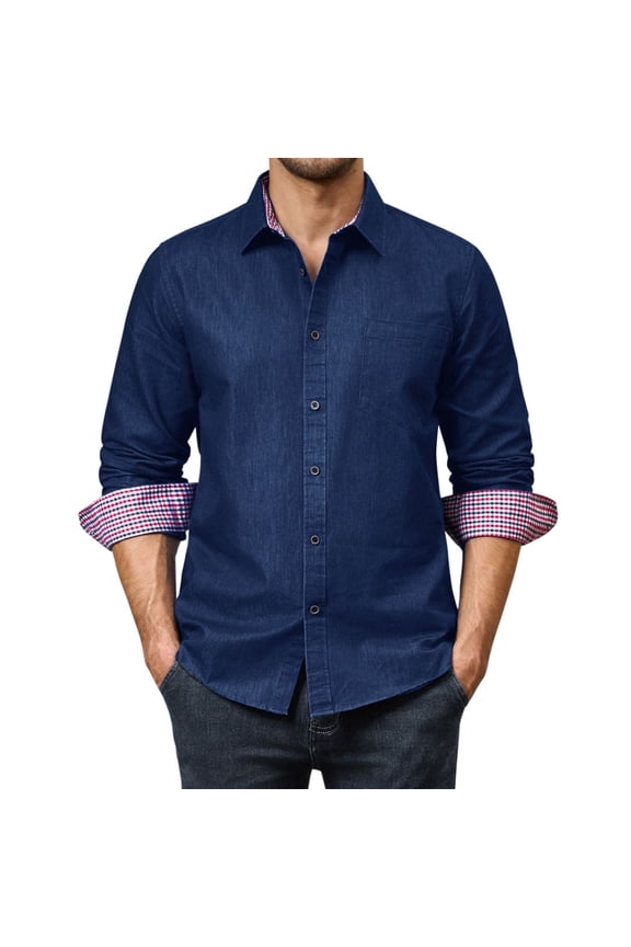 Men's Denim Shirts Long Sleeve Casual Button Down Shirt with Pocket