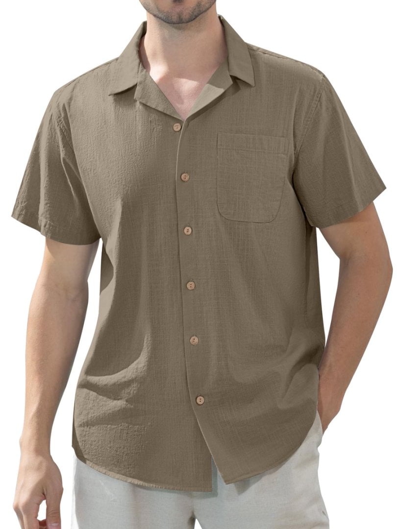 Alimens & Gentle Men's Linen Summer Shirts Short Sleeve Hawaiian Button Up Shirt Beach Shirt with Pocket