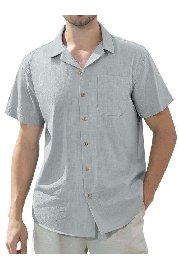 Men's Linen Summer Shirts Short Sleeve Hawaiian Button Up Shirt Beach Shirt with Pocket