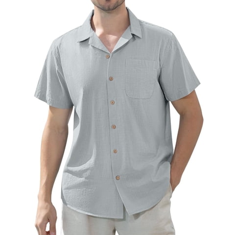 Men's Linen Summer Shirts Short Sleeve Hawaiian Button Up Shirt Beach Shirt with Pocket