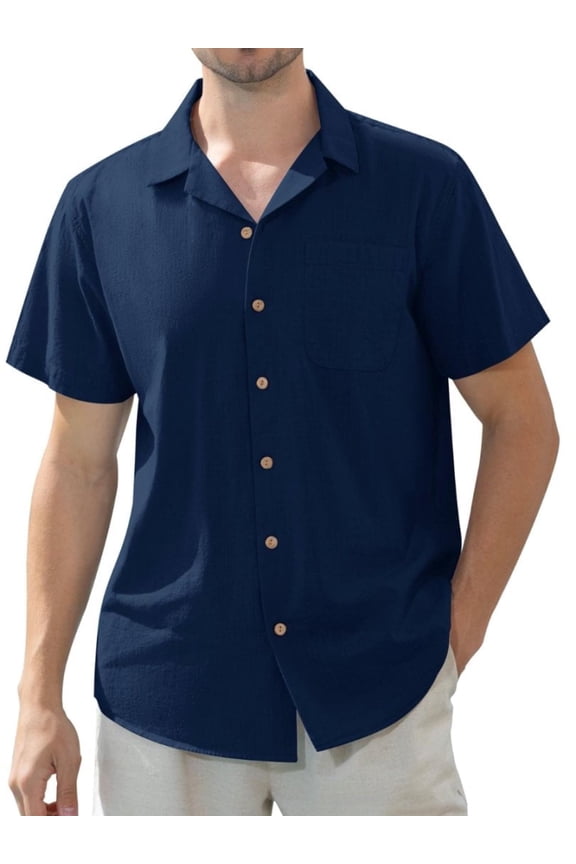 Men's Linen Summer Shirts Short Sleeve Hawaiian Button down Shirt Beach Shirt with Pocket