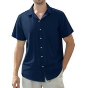 Alimens & Gentle Men's Linen Shirts Short Sleeve Hawaiian Button down Shirt with Pocket