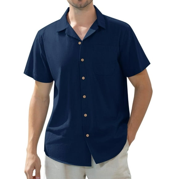 Alimens & Gentle Men's Linen Shirts Short Sleeve Hawaiian Button down Shirt with Pocket