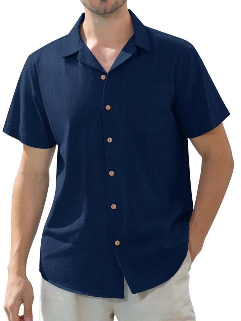 The Coupon deal of  Alimens & Gentle Men's Hawaiian Cuban Collar Linen Shirts, Short Sleeve Button Down with Pocket