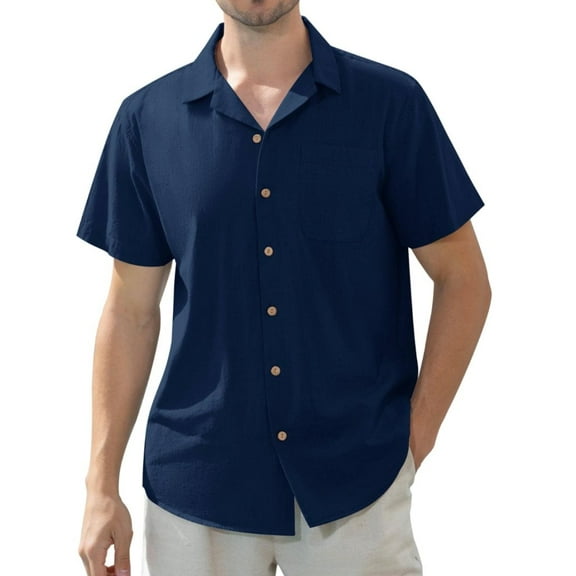 Alimens & Gentle Men's Linen Summer Shirts Short Sleeve Hawaiian Button down Shirt Beach Shirt with Pocket