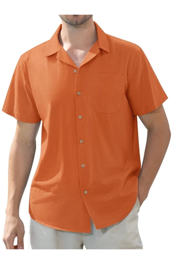 Men's Linen Shirts Short Sleeve Hawaiian Button down Shirt with Pocket
