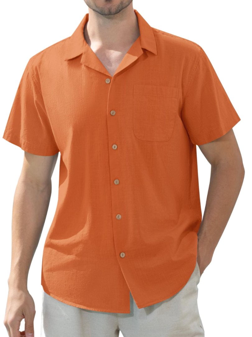 Alimens & Gentle Men's Linen Shirts Short Sleeve Hawaiian Button down Shirt with Pocket
