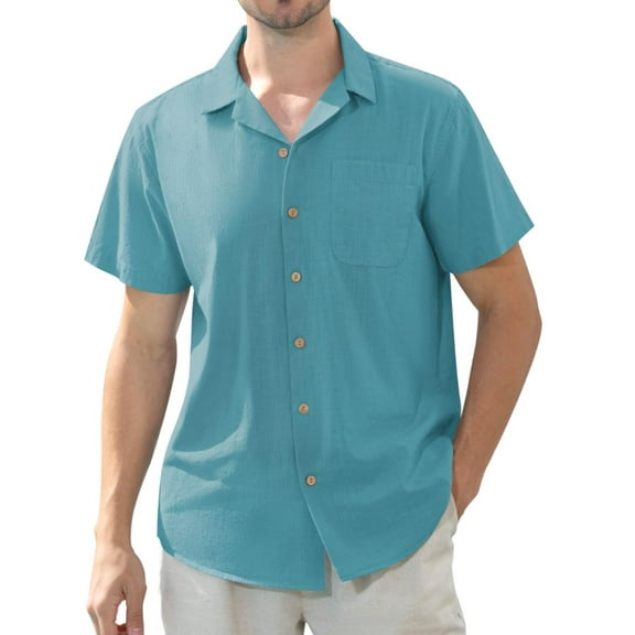 Alimens & Gentle Men's Linen Shirts Short Sleeve Hawaiian Button down Shirt with Pocket