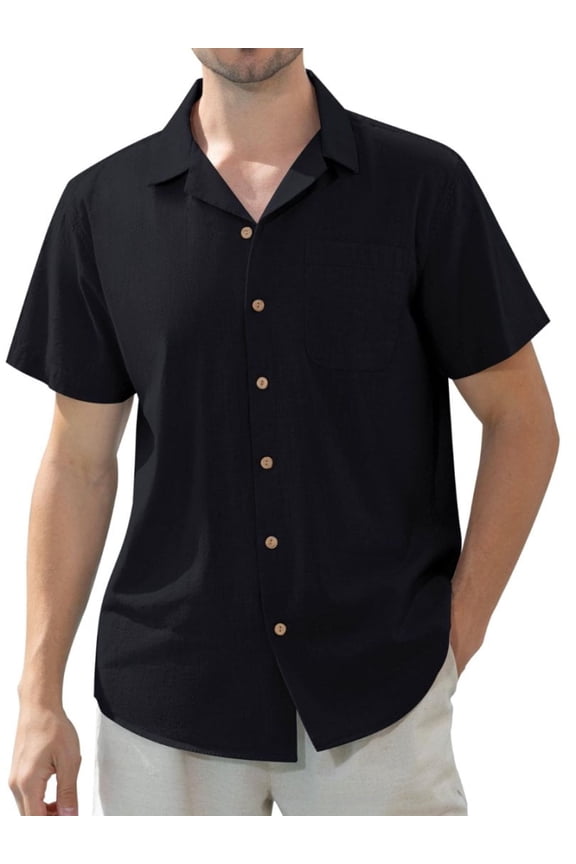 Men's Linen Shirts Short Sleeve Hawaiian Button down Shirt with Pocket