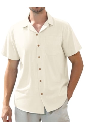 Men's Linen Shirts Short Sleeve Hawaiian Button down Shirt with Pocket