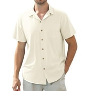 ALIMENS & GENTLE Men's Linen Shirts Short Sleeve Hawaiian Button down Shirt with Pocket