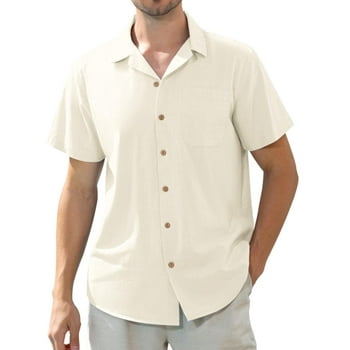Alimens & Gentle Men's Linen Shirts Short Sleeve Hawaiian Button down Shirt with Pocket