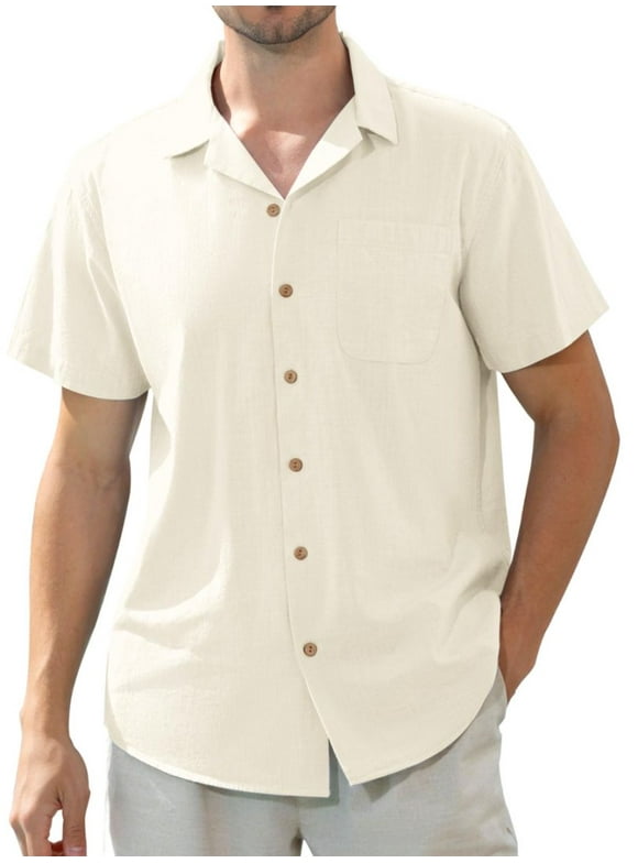 Men's Linen Shirts Short Sleeve Hawaiian Button down Shirt with Pocket