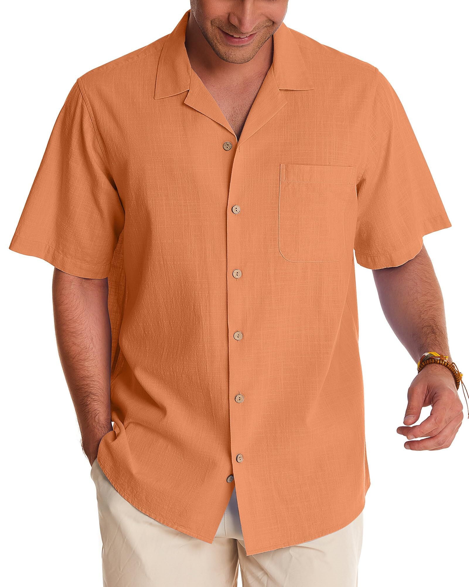 Men's Short Sleeve Button Closure Tan 100% Linen 2 Piece Shirt main image 1