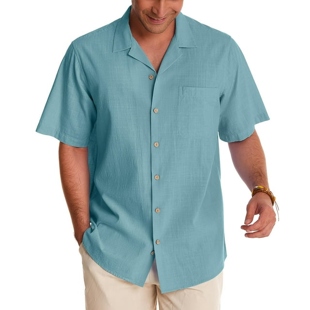 Alimens & Gentle Men's Short Sleeve Linen-Cotton Blend Hawaiian Shirt ...