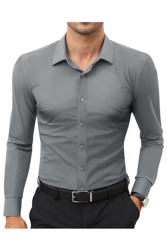 Men's Long Sleeve Button Down Shirts Stretch Dress Shirts Muscle Fit