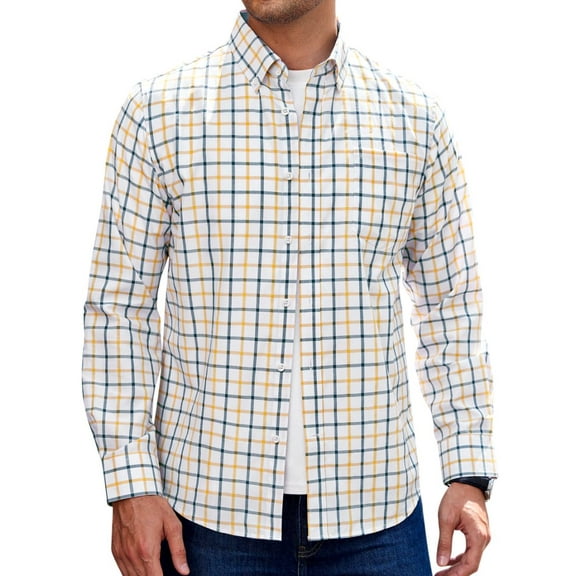 Alimens & Gentle Men's Plaid Button Down Shirts Cotton Long Sleeve Shirts Gingham Shirt