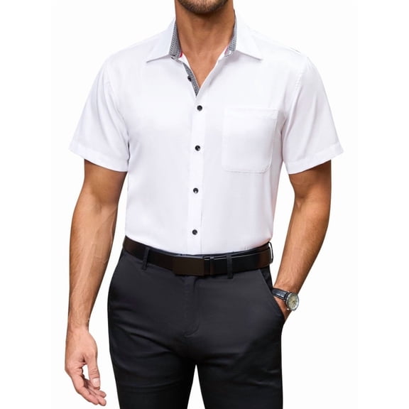 sogami Men's Short Sleeve Cotton Spandex Dress Shirts Casual Collar Shirt