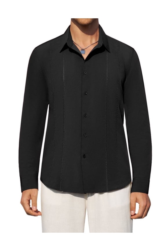 Mens Button Down Shirt Linen Guayabera Shirts For Men Black Casual Long Sleeve Shirt