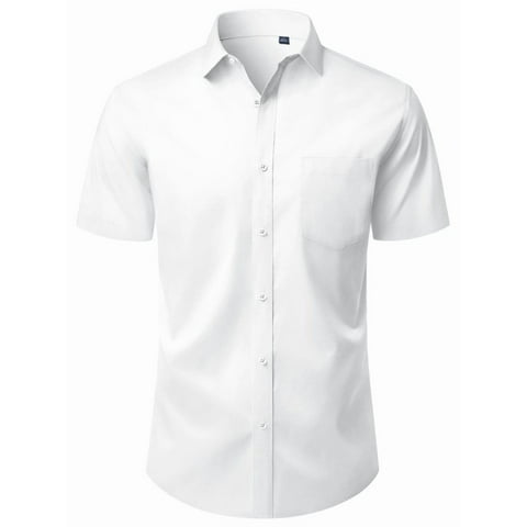 Mens Button Down Work Shirt Stretched Wrinkle Free Short Sleeve White Dresses Shirt For Casual