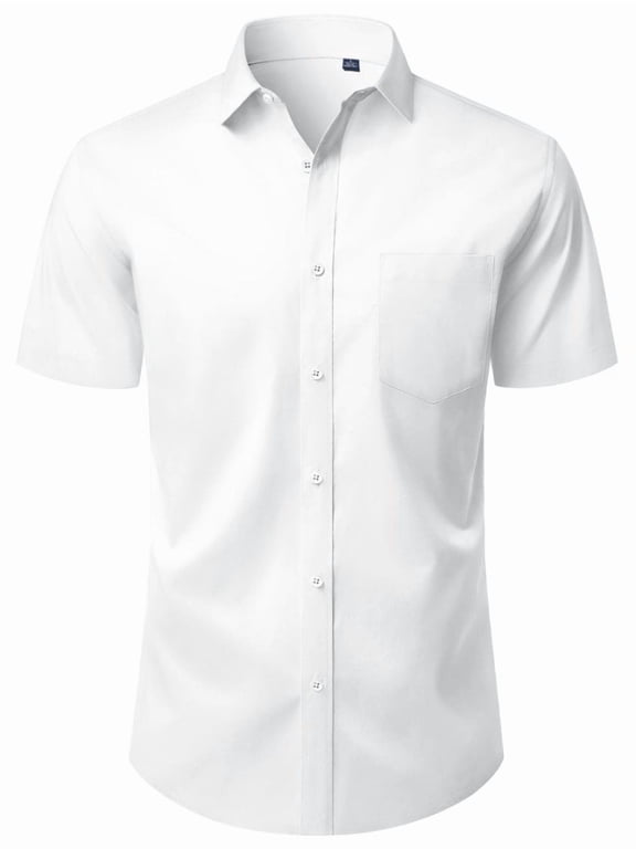 Mens Button Down Work Shirt Stretched Wrinkle Free Short Sleeve White Dresses Shirt For Casual