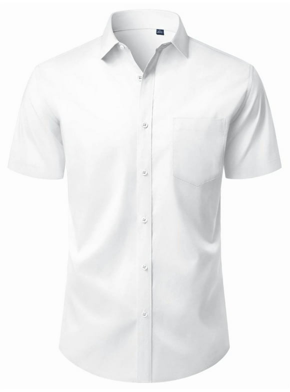 Mens Button Down Work Shirt Stretched Wrinkle Free Short Sleeve White Dresses Shirt For Casual
