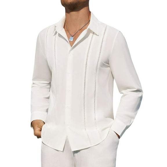 sogami Mens Button Up Shirt Cuban Linen Shirts for Men Guayabera Long Sleeve White Casual Shirt