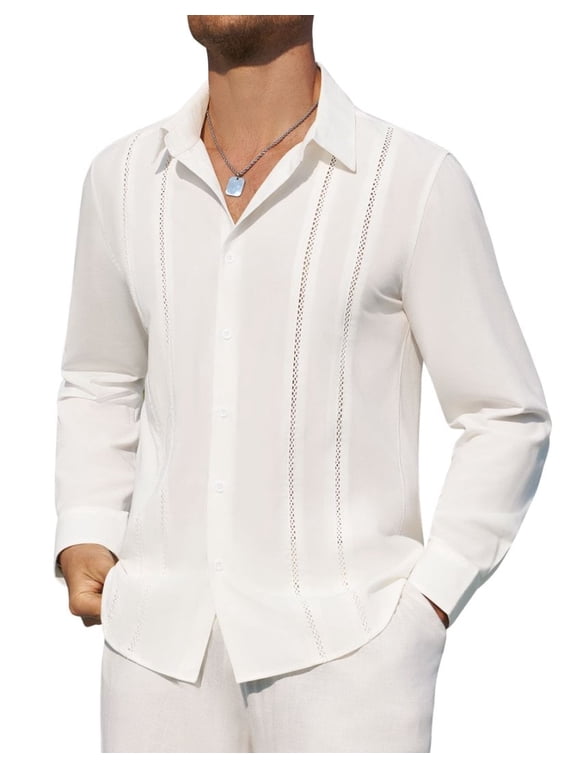 Mens Button Up Shirt Cuban Linen Shirts for Men Guayabera Long Sleeve White Casual Shirt