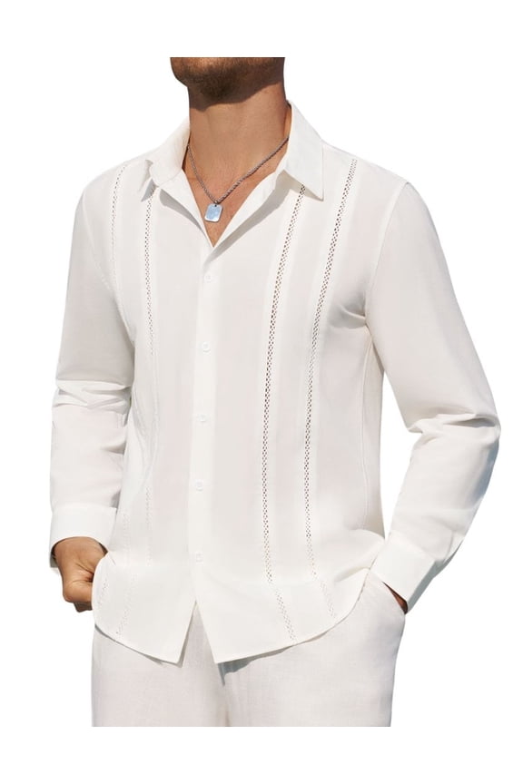 Mens Button Up Shirt Cuban Linen Shirts for Men Guayabera Long Sleeve White Casual Shirt