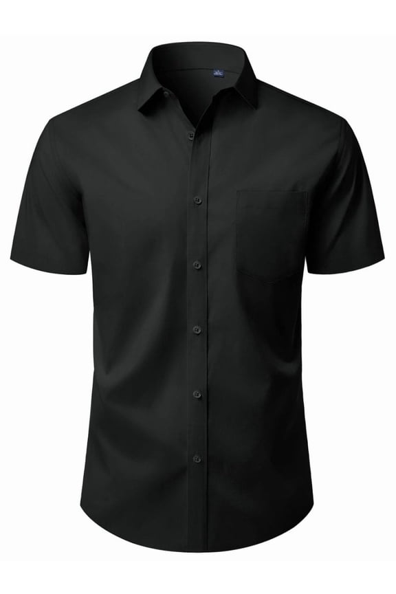 Mens Button Up Shirt Stretched Wrinkle Free Short Sleeve Black Dresses Shirt For Work