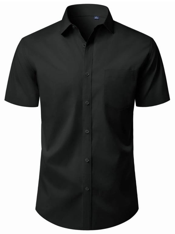 Mens Button Up Shirt Stretched Wrinkle Free Short Sleeve Black Dresses Shirt For Work