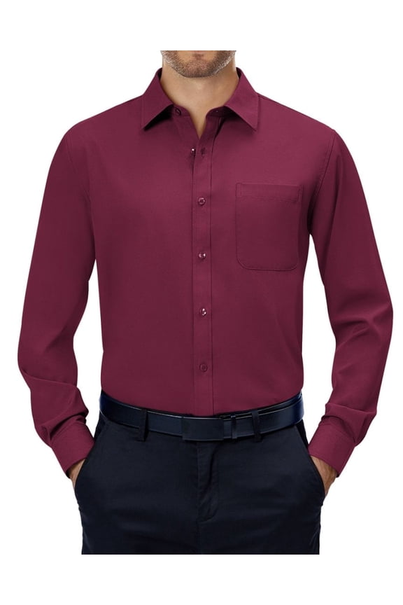 Mens Collared Long Sleeve Button-up Shirt Regular Fit Solid Wrinkle-Free Red Dresses Shirt Casual