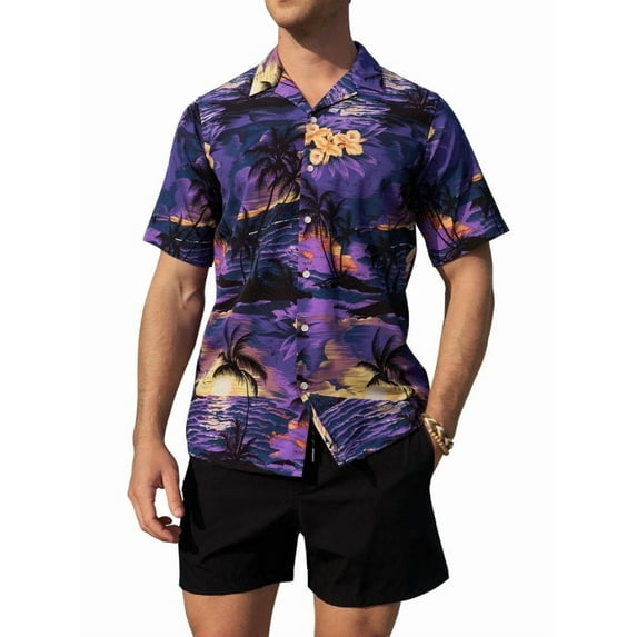 sogami Mens Cotton Short Sleeve Hawaiian Shirts Palm Tree Sunset Holiday Shirt