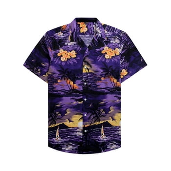 Alimens & Gentle Mens Cotton Short Sleeve Hawaiian Shirts Palm Tree Sunset Holiday Shirt