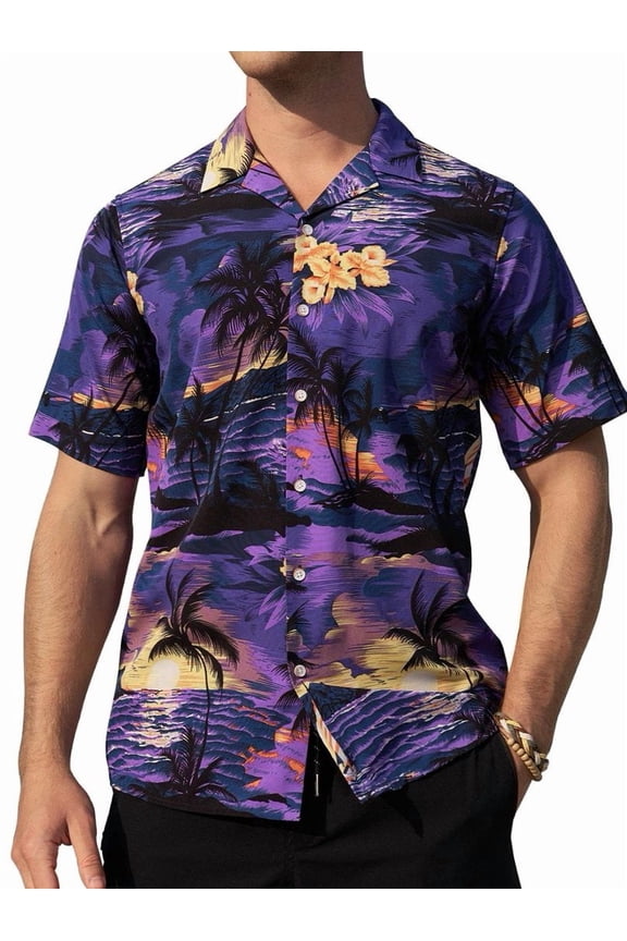 Mens Cotton Short Sleeve Hawaiian Shirts Palm Tree Sunset Holiday Shirt