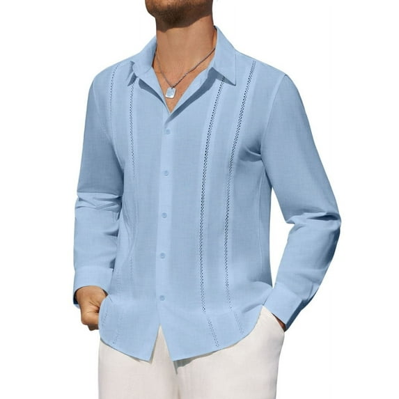 sogami Mens Linen Button Up Shirt Mens Cuban Guayabera Shirt Blue Beach Shirt Vacation Shirt