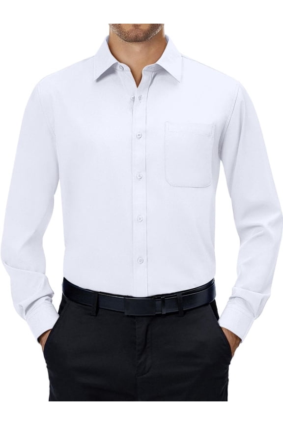 Mens Long Sleeve Collared Button-up Shirt Regular Fit Solid Wrinkle-Free White Dresses Shirt Business Casual