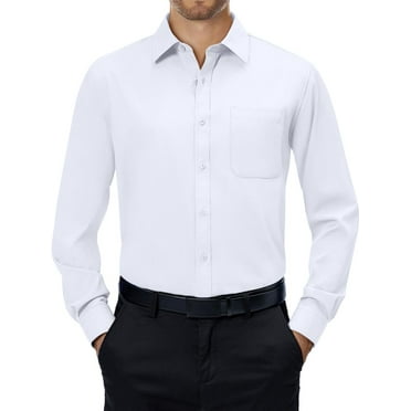 Alimens & Gentle Mens Long Sleeve Collared Button-up Shirt Regular Fit Solid Wrinkle-Free White Dresses Shirt Business Casual