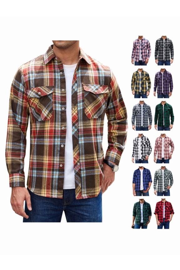 Mens Long Sleeve Multi-color Plaid Shirts Flannel Casual Shirt