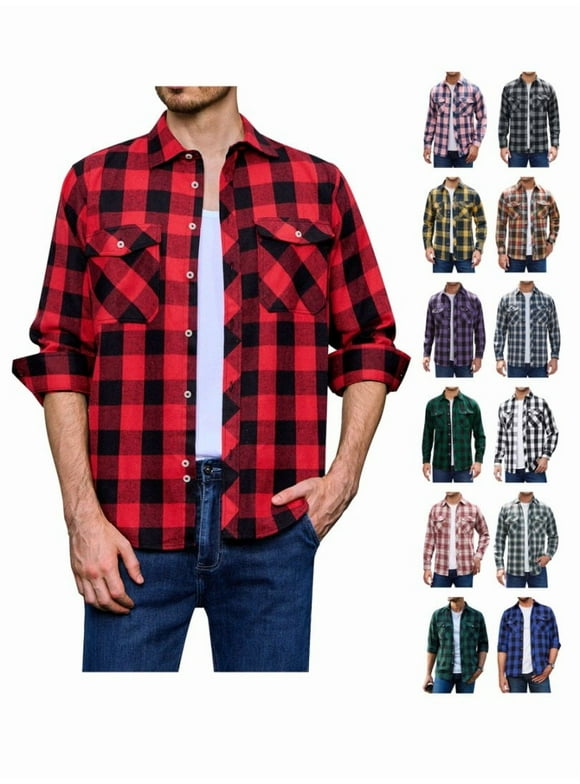 Mens Long Sleeve Red Plaid Flannel Shirts Casual Button Down Regular Fit