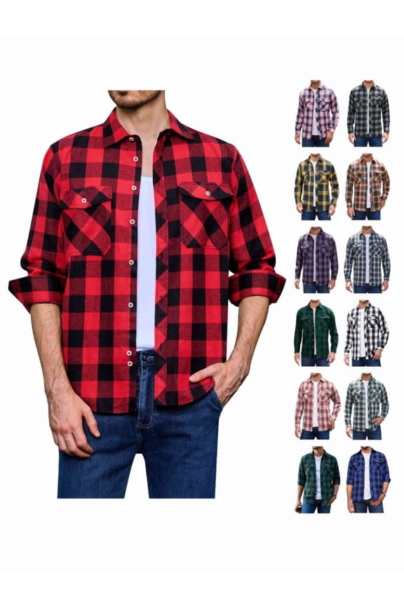 Mens Long Sleeve Red Plaid Flannel Shirts Casual Button Down Regular Fit