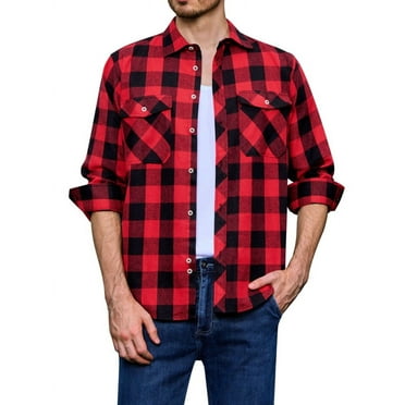 Alimens & Gentle Mens Long Sleeve Red Plaid Flannel Shirts Casual Button Down Regular Fit