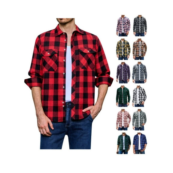 Alimens & Gentle Mens Long Sleeve Red Plaid Flannel Shirts Casual Button Down Regular Fit
